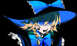 Rule 34 | 1girl, black background, blue bow, blue bowtie, blue theme, bow, bowtie, braid, chinese commentary, commentary request, cookie (touhou), extra eyes, extra mouth, hair between eyes, hair bow, hat, hat bow, highres, kirisame marisa, ling s, looking afar, looking at viewer, meguru (cookie), open mouth, short hair, side braid, single braid, solo, touhou, upper body