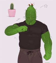Rule 34 | 1boy, 1kogito1, bara, beard stubble, cactus, cactus boy, clenched hands, colored skin, faceless, faceless male, facial hair, green skin, hand up, highres, large pectorals, love handles, male focus, monster boy, muscular, muscular male, mustache stubble, original, pants, pectorals, plant, plant boy, potted plant, reference inset, salute, shirt, solo, star (symbol), strongman waist, stubble, t-shirt, thorns, track pants, wink star