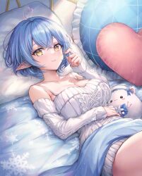Rule 34 | 1girl, absurdres, ahoge, blue hair, blush, breasts, cleavage, closed mouth, collarbone, colored tips, crossed bangs, elf, hair between eyes, hair ornament, heart, heart ahoge, highres, hololive, large breasts, looking at viewer, lying, mirukurim, multicolored hair, off-shoulder sweater, off shoulder, on back, pillow, pointy ears, ribbed sweater, short hair, solo, streaked hair, sweater, thighs, virtual youtuber, white sweater, yellow eyes, yukihana lamy, yukihana lamy (loungewear), yukimin (yukihana lamy)