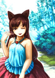 Rule 34 | 1girl, adapted costume, alternate costume, animal ears, azumi (madogiwa bocchi seki), brooch, brown eyes, brown hair, dress, fingernails, highres, imaizumi kagerou, jewelry, long fingernails, long hair, looking at viewer, nail polish, nature, sleeveless, smile, solo, tongue, tongue out, touhou, tree, wolf ears