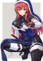 Rule 34 | 1girl, absurdres, belt, blue eyes, boots, breasts, cross, cross-laced footwear, cross necklace, dagger, elbow gloves, gauntlets, gloves, habit, highres, holding, holding dagger, holding knife, holding weapon, impossible clothes, jewelry, kneeling, knife, lace-up boots, large breasts, long hair, necklace, nun, on one knee, original, pelvic curtain, platform boots, platform footwear, red hair, robe, sidelocks, smile, solo, sword, thigh boots, thighhighs, toriatto gununu, weapon