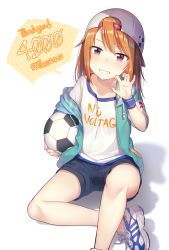 Rule 34 | 1girl, absurdres, backwards hat, bad id, bad pixiv id, ball, baseball cap, blush, claw pose, clothes writing, collarbone, commentary, english text, green jacket, hair through headwear, hand up, hat, highres, holding, ichiren namiro, idolmaster, idolmaster cinderella girls, jacket, knee up, long hair, looking at viewer, milestone celebration, off shoulder, orange hair, purple eyes, shoes, shorts, simple background, soccer ball, solo, sweatband, thank you, white background, wristband, yuuki haru