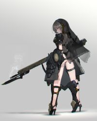 Rule 34 | 1girl, absurdres, armor, ass, backless outfit, bayonet, blush, buckler, chromatic aberration, female focus, from behind, full body, gun, high heels, highres, looking back, oota youjo, original, rifle, shield, short hair, smoke, solo, standing, veil, weapon, yellow eyes