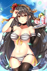 Rule 34 | 10s, 1girl, :d, aata1007, alternate costume, anchor, anchor choker, armband, bandeau, bare shoulders, bendy straw, bikini, black gloves, black hair, black thighhighs, blue sky, bracelet, breasts, brown eyes, candy, cherry, chocolate, chocolate bar, choker, cloud, collarbone, cowboy shot, cup, day, drink, drinking glass, drinking straw, elbow gloves, eyebrows, flower, food, front-tie bikini top, front-tie top, fruit, glass, gloves, glowing, gluteal fold, groin, hair between eyes, hair flower, hair ornament, hairband, hairclip, haruna (kancolle), headgear, hibiscus, highres, holding, holding hair, ice, ice cream, ice cream float, ice cube, jewelry, kantai collection, large breasts, lemon, lemon slice, lens flare, long hair, looking at viewer, mint, navel, open mouth, red flower, ribbon, shade, side-tie bikini bottom, single glove, sky, smile, solo, spoon, stomach, strapless, strawberry, striped bikini, striped clothes, summer, sundae, swimsuit, tan, tanline, thighhighs, tray, underboob, very long hair, wafer stick, wind, yellow eyes, yellow ribbon