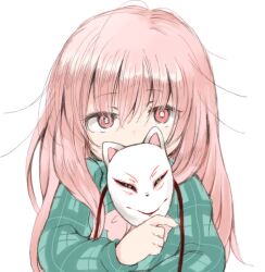 Rule 34 | 1girl, aqua shirt, bright pupils, close-up, covered mouth, covering own mouth, dot nose, fox mask, hair between eyes, hand up, hata no kokoro, holding, holding mask, long hair, long sleeves, looking at viewer, mask, nanana (chicken union), noh mask, pink eyes, pink hair, plaid, plaid shirt, puffy long sleeves, puffy sleeves, shirt, simple background, solo, straight-on, touhou, unworn mask, upper body, white background