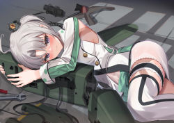 Rule 34 | 1girl, absurdres, ahoge, aircraft, airplane, akitsushima (kancolle), armpit cutout, bad id, bad pixiv id, breasts, clothing cutout, flying boat, grey hair, h8k, hat, highres, kantai collection, kokenashi, long hair, long sleeves, lying, mini hat, miniskirt, on side, purple eyes, side ponytail, sidelocks, skirt, small breasts, solo, tearing up, thighhighs, white skirt, white thighhighs, zettai ryouiki