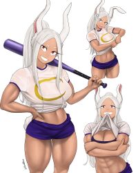 Rule 34 | 1girl, :d, abs, absurdres, anger vein, animal ears, artist name, baseball bat, boku no hero academia, breasts, cleavage, crescent print, crossed arms, dark-skinned female, dark skin, dismaiden, female focus, hand on own hip, highres, holding, holding baseball bat, large breasts, linea alba, long eyelashes, long hair, looking at viewer, midriff, mirko, mouth hold, multiple views, muscular, muscular female, muscular legs, navel, open mouth, parted bangs, ponytail, purple shorts, purple sports bra, rabbit ears, rabbit girl, rabbit tail, red eyes, shirt, shirt hold, short shorts, shorts, simple background, smile, solo, sports bra, standing, stomach, sweat, sweaty clothes, tail, thighs, tied shirt, toned, white background, white hair, white shirt