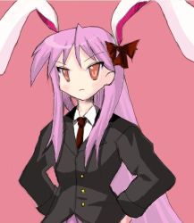 Rule 34 | 00s, 1girl, afterdark, animal ears, bad id, bad pixiv id, female focus, hiiragi kagami, lucky star, purple hair, rabbit ears, reisen udongein inaba, simple background, solo, standing, touhou, twintails, upper body