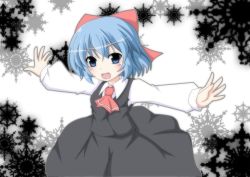 Rule 34 | 1girl, ascot, blue eyes, blue hair, bow, cirno, cosplay, hair bow, masiromu, matching hair/eyes, open mouth, outstretched arms, rumia (cosplay), shirt, short hair, skirt, skirt set, smile, solo, touhou, vest