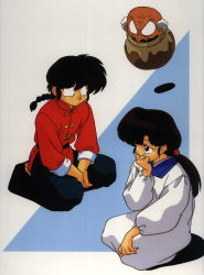 Rule 34 | 1990s (style), 1girl, 2boys, apron, braid, chinese clothes, covered mouth, hand to own mouth, happosai, highres, kappougi, kneeling, kuonji ukyou, multiple boys, nakajima atsuko, non-web source, old, old man, own hands together, ranma 1/2, retro artstyle, saotome ranma, single braid, sitting, sleeves rolled up, tangzhuang