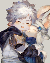 Rule 34 | 1boy, 1other, androgynous, animal ears, warrior of light (ff14), black gloves, closed eyes, facing viewer, final fantasy, final fantasy xiv, from side, furry, gloves, grey background, grey hair, hand on another&#039;s arm, hug, lalafell, long sleeves, loporrit, one eye covered, open mouth, pointy ears, rabbit ears, rabbit tail, shirt, short hair, simple background, smile, tail, turban, upper body, v-shaped eyebrows, whiskers, white headwear, white shirt, xioiri