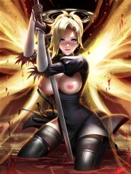 Rule 34 | 1girl, absurdres, black dress, blonde hair, blue eyes, breast cutout, breasts, breasts out, cleavage, cosplay, dress, energy wings, feather-trimmed sleeves, halo, highres, kneeling, large breasts, liang xing, looking at viewer, mercy (overwatch), mole, mole under mouth, nier (series), nier:automata, nipples, overwatch, overwatch 1, parted lips, solo, sword, thighhighs, weapon, 2b (nier:automata), 2b (nier:automata) (cosplay)