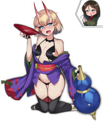 Rule 34 | 2girls, ^^^, alcohol, bikini, black bikini, black gloves, black hair, black thighhighs, blonde hair, blood, blue eyes, blush, bob cut, breasts, cosplay, cup, drunk, fang, fate/grand order, fate (series), fingerless gloves, girls und panzer, gloves, gluteal fold, gourd, green jacket, hairband, half-closed eyes, highres, holding, holding cup, horns, inset, jacket, japanese clothes, katyusha (girls und panzer), kimono, kshimu, long hair, long sleeves, looking at viewer, multiple girls, nonna (girls und panzer), nosebleed, obi, off shoulder, open clothes, open kimono, open mouth, pink kimono, pravda school uniform, purple kimono, red shirt, revealing clothes, sakazuki, sake, sash, school uniform, shirt, short hair, shuten douji (fate), shuten douji (fate) (cosplay), simple background, skin-covered horns, skin fang, small breasts, smile, solo focus, swept bangs, swimsuit, thigh gap, thighhighs, thumbs up, turtleneck, white background
