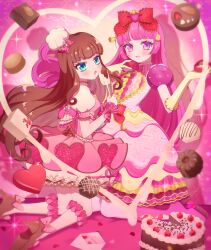 Rule 34 | 2girls, absurdres, blue eyes, blunt bangs, blush, boots, bow, box, box of chocolates, brown footwear, brown hair, cake, candy, chef hat, chocolate, chocolate cake, chocolate heart, commentary request, dress, envelope, food, food-themed hair ornament, fruit, gloves, hair bow, hair ornament, hands up, hat, heart, high heels, highres, hojo sophy, holding, holding spatula, idol clothes, kneeling, kurosu aroma, long hair, looking at viewer, looking back, momokan (mmkn100), multiple girls, open mouth, pink background, pink bow, pink dress, pink footwear, pink hair, pretty series, pripara, puffy short sleeves, puffy sleeves, purple eyes, red bow, short sleeves, smile, sparkle, spatula, strawberry, strawberry hair ornament, valentine, very long hair, white day, yellow gloves