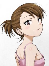 Rule 34 | 1girl, absurdres, bare shoulders, blush, breasts, brown eyes, brown hair, closed mouth, from side, futami ami, highres, idolmaster, idolmaster (classic), idolmaster million live!, idolmaster million live! theater days, looking at viewer, matcha kingyo, pink shirt, shirt, short hair, side ponytail, simple background, sleeveless, sleeveless shirt, small breasts, smile, solo, upper body, white background