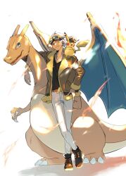 Rule 34 | 1boy, ;), belt, belt buckle, black shirt, brown jacket, buckle, captain pikachu, charizard, closed mouth, commentary, creatures (company), fire, fiz breakfast, friede (pokemon), fur-trimmed jacket, fur trim, game freak, gen 1 pokemon, goggles, hand on own hip, highres, jacket, male focus, nintendo, one eye closed, pants, pikachu, pokemon, pokemon (anime), pokemon (creature), pokemon horizons, shirt, shoes, smile, standing, symbol-only commentary, white background, white hair, white pants, yellow eyes