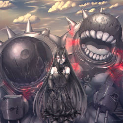 Rule 34 | 10s, 1girl, abyssal ship, artist request, bare shoulders, battleship water oni, black dress, black hair, breasts, cloud, crossed bangs, dress, elbow gloves, gloves, hair between eyes, highres, hitohinoto, horns, kantai collection, long hair, medium breasts, monster, pale skin, red eyes, single horn, sky, solo, strapless, strapless dress, tears, teeth