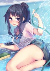 Rule 34 | 1girl, blurry, day, depth of field, hair ornament, hairclip, highres, hose, long hair, looking at viewer, moe2018, momoirone, open mouth, original, outdoors, plaid, plaid skirt, ponytail, purple eyes, school uniform, see-through, skirt, solo, swimsuit, swimsuit under clothes, thighs, upskirt, wet, wet clothes