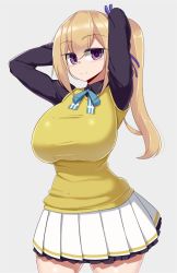 Rule 34 | 10s, 1girl, arms up, blonde hair, breasts, curvy, female focus, highres, huge breasts, kawakami mai, large breasts, long hair, looking at viewer, mole, mole under eye, musaigen no phantom world, pink background, ponytail, purple eyes, raised eyebrows, sawati, skirt, smile, solo, thick thighs, thighs, wide hips