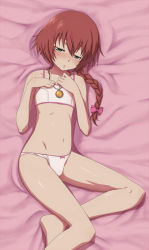 Rule 34 | 1girl, barefoot, blush, bow, bow panties, braid, camisole, darker than black, from above, green eyes, hair bow, hand on another&#039;s chest, hands on own chest, jewelry, kanna asuke, lingerie, long hair, lying, navel, necklace, on back, panties, red hair, single braid, solo, suou pavlichenko, underwear