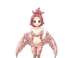 Rule 34 | 1girl, bare shoulders, bird legs, bmp-to-png conversion, feathers, frfr, hair intakes, harpy, harpy twins (mon-musu quest!), looking at viewer, medium hair, midriff, mon-musu quest!, monster girl, navel, non-web source, pii (mon-musu quest!), ponytail, red eyes, red feathers, red hair, red wings, smile, solo, transparent background, winged arms, wings