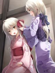 Rule 34 | 2girls, :d, amatsutsumi, back bow, bow, brown eyes, chaamii, character request, commentary request, floral print, hair between eyes, hair bow, highres, indoors, japanese clothes, kimono, long hair, low ponytail, multiple girls, obi, open mouth, pink kimono, ponytail, print kimono, profile, purple bow, purple kimono, red bow, sash, signature, sitting, smile, spoilers, standing, very long hair, white hair