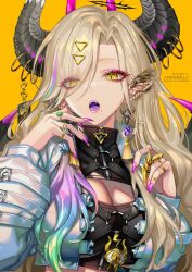 Rule 34 | 1girl, barbell piercing, blonde hair, breasts, cleavage, cleavage cutout, clothing cutout, comitia, commentary request, crop top, cropped jacket, dragon girl, dragon horns, ear ornament, ear piercing, earrings, eyelashes, eyeshadow, fangs, fingernails, gem, green gemstone, hair over one eye, highres, horn ornament, horn ring, horns, industrial piercing, jewelry, jigenn, large breasts, lightning bolt symbol, long hair, long sleeves, looking at viewer, makeup, mole, mole under mouth, multicolored hair, multiple earrings, multiple rings, nail polish, open mouth, original, piercing, pink nails, pointy ears, purple gemstone, ring, slit pupils, solo, streaked hair, tassel, twitter username, upper body, wings, yellow background, yellow eyes, zipper