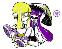 Rule 34 | 2girls, ajirogasa, artist name, bike shorts, blonde hair, blunt bangs, carrying, closed eyes, crossed arms, fangs, female focus, flower, frightening (zoza), hair flower, hair ornament, hat, heart, holding, holding clothes, holding hat, inkling, inkling girl, inkling player character, long hair, long sleeves, looking at another, multiple girls, neckerchief, nintendo, open mouth, partially colored, pretty (zoza), princess carry, purple hair, sailor collar, signature, simple background, single vertical stripe, smile, splatoon (series), splatoon 1, spoken heart, tentacle hair, unworn hat, unworn headwear, white background, zoza