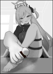 Rule 34 | 1girl, barefoot, between toes, blue archive, chocolate, feet, highres, light blush, long hair, looking at viewer, monochrome, mutsuki (blue archive), parted lips, side ponytail, soles, steam, toes