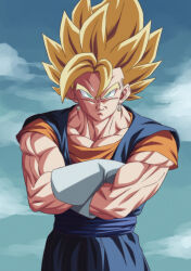 Rule 34 | 1boy, blonde hair, blue sky, closed mouth, cloud, commentary, crossed arms, dougi, dragon ball, dragonball z, earrings, furrowed brow, gloves, green eyes, hair between eyes, hands up, jewelry, looking at viewer, male focus, muscular, muscular male, potara earrings, rom (20), sash, short sleeves, sky, smile, smirk, solo, spiked hair, super saiyan, super saiyan 1, upper body, v-shaped eyebrows, vegetto, white gloves
