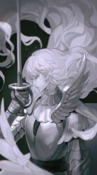 Rule 34 | 1boy, absurdres, androgynous, armor, berserk, breastplate, cannedxx, chinese commentary, closed eyes, commentary request, fake wings, feathers, floating hair, from side, gauntlets, green background, griffith (berserk), hand up, highres, holding, holding sword, holding weapon, male focus, monochrome, pauldrons, profile, shoulder armor, solo, sword, wavy hair, weapon, white feathers, white hair, wings