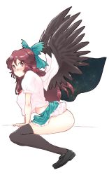 Rule 34 | 1girl, arm support, belly, black footwear, black thighhighs, black wings, blush, breasts, brown eyes, brown hair, cape, commentary request, covered erect nipples, crop top, frilled skirt, frills, hair between eyes, hair ribbon, highres, large breasts, leaning forward, long hair, looking at viewer, miniskirt, no panties, non (z-art), one-hour drawing challenge, puffy short sleeves, puffy sleeves, reiuji utsuho, ribbon, shirt, shoes, short sleeves, sitting, skirt, solo, thighhighs, thighs, touhou, white background, white shirt, wings