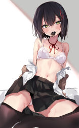 Rule 34 | 1girl, absurdres, bare shoulders, black hair, black pantyhose, blush, bra, chocolate, clothes pull, food in mouth, hair ornament, hairclip, highres, junior (toshizou), navel, open mouth, original, panties, pantyhose, pantyhose pull, short hair, smile, solo, sweatdrop, toshizou (0714), underwear, white bra, white panties, yellow eyes