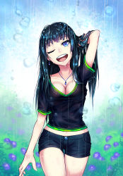 Rule 34 | 1girl, ;d, bare legs, black hair, blue eyes, breasts, cleavage, earrings, female focus, field, flower, flower field, hand in own hair, highres, hime cut, jewelry, long hair, midriff, midriff peek, navel, necklace, one eye closed, open mouth, original, rain, samael (5211), shirt, short shorts, shorts, smile, solo, t-shirt, thigh gap, water, wet, wet clothes, wet hair, wink