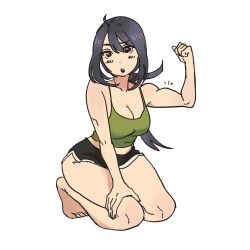 Rule 34 | 1girl, abs, black hair, black shorts, dddohlo, dolphin shorts, flexing, full body, green tank top, hair between eyes, hand on own knee, highres, kneeling, long hair, midriff, muscular, muscular female, open mouth, original, ponytail, red eyes, seiza, shorts, sidelocks, simple background, sitting, solo, tank top, white background