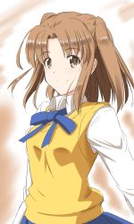 Rule 34 | 1girl, blue ribbon, blue skirt, brown eyes, brown hair, closed mouth, collared shirt, hair intakes, highres, long hair, long sleeves, neck ribbon, pleated skirt, ribbon, school uniform, shirt, sketch, skirt, smile, solo, sweater, sweater vest, taniryuu2, tsukihime, twintails, two side up, upper body, white background, white shirt, wing collar, yellow sweater, yumizuka satsuki