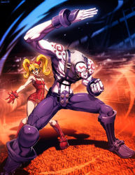 Rule 34 | 1boy, 1girl, albino, bald, blonde hair, boots, capcom, couple, earrings, effie (street fighter), fighting stance, genzoman, height difference, hetero, hip focus, jewelry, muscular, necro (street fighter), photoshop (medium), size difference, street fighter, street fighter iii (series), tattoo, twintails, wide hips