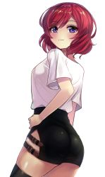 Rule 34 | 10s, 1girl, ass, black thighhighs, cowboy shot, from side, hand on own hip, looking at viewer, looking back, love live!, love live! school idol project, miniskirt, motokonut, nishikino maki, pencil skirt, purple eyes, red hair, short hair, simple background, skirt, solo, standing, thighhighs, upper body, white background, zettai ryouiki