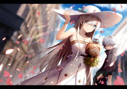 Rule 34 | 1boy, 1girl, anastasia (fate), bare shoulders, blue eyes, blue gemstone, blurry, blurry background, blush, bracelet, breasts, cape, city, closed mouth, commentary request, crown, doll, dress, fate/grand order, fate (series), gem, grey hair, hair between eyes, hair over one eye, hat, holding, jewelry, kadoc zemlupus, letterboxed, light rays, long hair, long sleeves, looking at viewer, medium breasts, mini crown, necklace, necomi, outdoors, petals, short hair, signature, smile, standing, strapless, strapless dress, sun hat, sunlight, very long hair, white dress, white hat
