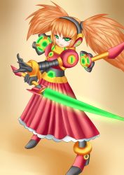 Rule 34 | 1girl, absurdres, call (mighty no. 9), call d, energy sword, green eyes, headphones, highres, joints, long hair, mighty no. 9, neon trim, orange hair, pleated skirt, robot, robot joints, scrunchie, skirt, solo, sword, twintails, weapon, wingrider