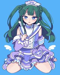 Rule 34 | 1girl, :o, armband, blue background, blue eyes, blunt bangs, blunt ends, blush, commentary, detached sleeves, dress, frilled skirt, frills, full body, green hair, hand up, hat, heart, heart print, highres, idol clothes, long hair, looking at viewer, nojima minami, nurse, nurse cap, open mouth, pouch, pretty series, pripara, puffy detached sleeves, puffy sleeves, purple dress, purple footwear, purple hat, sitting, skirt, solo, stethoscope, symbol-only commentary, tsukikawa chili, two side up, wariza