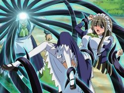 Rule 34 | 00s, 1boy, 1girl, angry, blush, breasts, hair tentacles, kamen no maid guy, large breasts, maid, one eye closed, open mouth, outdoors, scared, tagme, tentacles, thighhighs, wince
