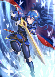 Rule 34 | 1girl, armor, artist name, belt, belt buckle, blue cape, blue eyes, blue footwear, blue gloves, blue hair, blue legwear, blue shirt, blush, boots, buckle, bug, burnt green tea, butterfly, cape, circlet, closed mouth, eyelashes, eyeliner, falchion (fire emblem), fingerless gloves, fingernails, fire emblem, fire emblem awakening, gloves, hair between eyes, highres, holding, holding weapon, insect, long hair, looking to the side, lucina (fire emblem), makeup, nintendo, o-ring, red cape, shirt, shoulder armor, smile, tiara, two-tone cape, weapon