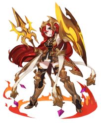 Rule 34 | 1girl, armor, gwayo, knight, long hair, open mouth, polearm, red hair, shield, simple background, solo, sword, thighhighs, very long hair, weapon, white background