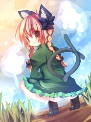 Rule 34 | 1girl, :3, animal ears, braid, cat ears, cat girl, cat tail, female focus, full body, kaenbyou rin, looking back, multiple tails, nature, outdoors, sky, solo, squatting, tail, touhou, tsunono, twin braids