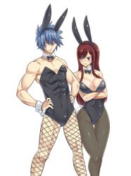 Rule 34 | 1boy, 1girl, animal ears, blue eyes, blue hair, bow, bowtie, breasts, brown eyes, covered navel, crossed arms, detached collar, erza scarlet, facial tattoo, fairy tail, fake animal ears, fake tail, fishnet pantyhose, fishnets, hair between eyes, hands on own hips, headband, highres, jellal fernandes, large breasts, leotard, long hair, looking at another, looking at viewer, mashima hiro, pantyhose, playboy bunny, rabbit ears, rabbit tail, red hair, simple background, strapless, strapless leotard, sweatdrop, tail, tattoo, trap, white background, wrist cuffs