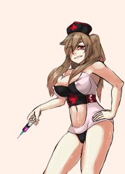 Rule 34 | 1girl, bare shoulders, breasts, brown hair, cleavage, covered erect nipples, fang, female focus, hat, j.k., large breasts, long hair, looking at viewer, midriff, navel, nurse, parted lips, red eyes, smile, solo, standing, twintails