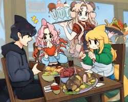 Rule 34 | 1boy, 3girls, black eyes, black hair, blonde hair, blush, brown hair, chair, collaboration, crab, cup, d-floe, drinking glass, eating, fins, fish, fish tail, food, fork, green hoodie, grin, highres, holding, holding food, hood, hoodie, horns, long hair, looking at another, looking away, multicolored clothes, multicolored hoodie, multiple girls, original, parted lips, pink hair, plate, shark girl, shark tail, sheepiu, short hair, sitting, smile, standing, table, tail, teeth, white hoodie