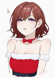 Rule 34 | 1girl, absurdres, bare shoulders, blush, breasts, brown hair, christmas, cleavage, collarbone, commentary, commentary request, detached collar, hair ornament, hairclip, highres, higuchi madoka, idolmaster, idolmaster shiny colors, looking at viewer, masami atabe, mole, mole under eye, parted lips, purple eyes, short hair, sidelocks, signature, solo, swept bangs, translation request, upper body, white background