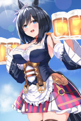 Rule 34 | 1girl, absurdres, alcohol, animal ears, beer, beer mug, black hair, blue eyes, blush, breasts, butter curry, cleavage, cowboy shot, cup, dirndl, eishin flash (umamusume), frilled skirt, frills, german clothes, hair between eyes, highres, holding, holding cup, horse ears, horse girl, horse tail, large breasts, mug, open mouth, red skirt, short hair, skirt, solo, tail, umamusume